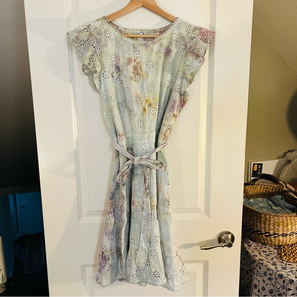 Pastel Floral Eyelet Mini Dress with Tie Waist, Ice-Dyed